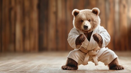 This cute bear in a brown karate belt is ready for action, exuding confidence and playfulness in a warm, wooden dojo environment showcasing the spirit of martial arts.