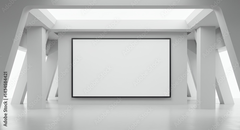 Poster large blank screen hanging on light gray wall in open modern hall with column structures isolated on
