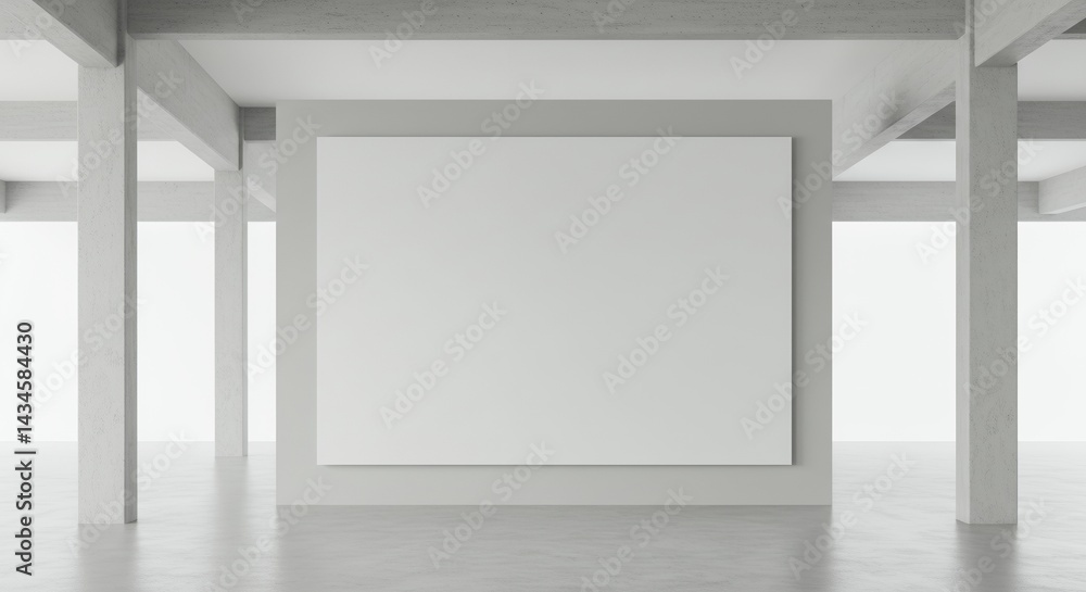Poster large blank white screen hanging on a light gray wall in an open modern hall with structural columns