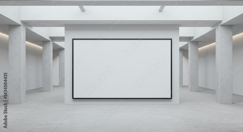 Poster large blank screen hanging on light gray wall in open modern hall with concrete columns isolated on 
