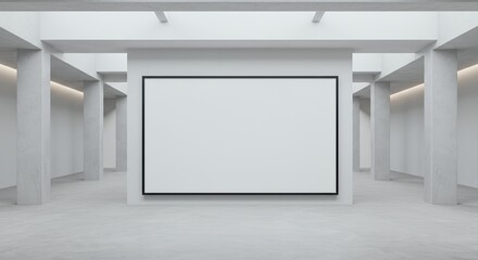 Large Blank Screen Hanging on Light Gray Wall in Open Modern Hall with Concrete Columns Isolated on White Background