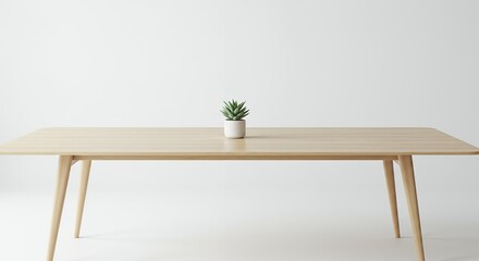 Light Wood Conference Table with a Potted Plant Centered Isolated on White Background Minimalist Design Perfect for Office Decor