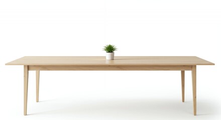 Long Light Wood Conference Table with Potted Plant Center Isolated on White Background Perfect for Office Decor and Minimalist Interior Design Presentation