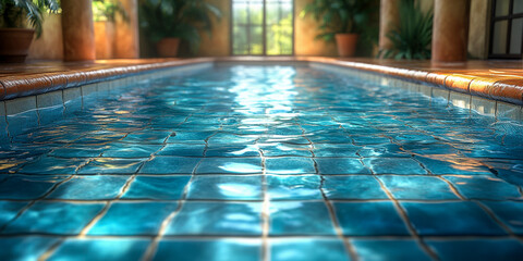 Obraz premium Exploring cool ceramic tiles by a shimmering pool in a bright summer atmosphere with lush greenery