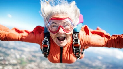 A jubilant elderly woman in a bright orange jumpsuit is captured mid-skydiving, showcasing her vibrant spirit and zest for life against a stunning blue backdrop.