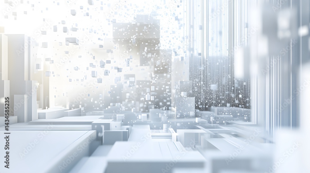 Poster a futuristic abstract view featuring dynamic geometric shapes, floating particles, and light reflect