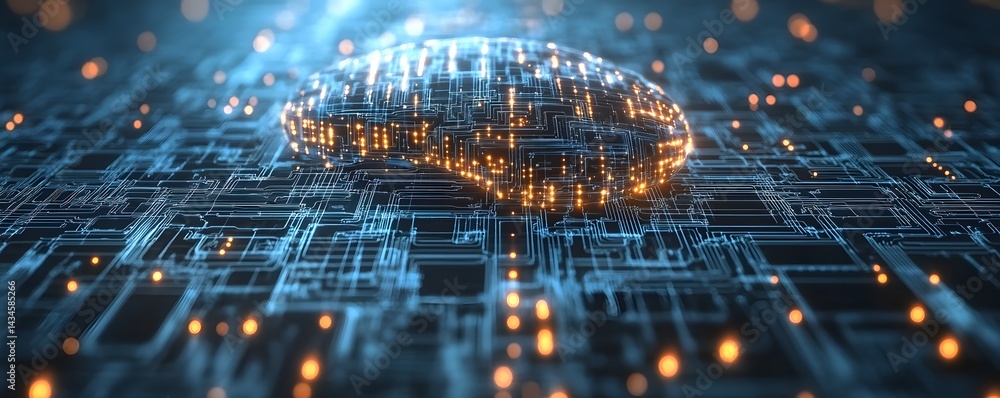 Poster a futuristic digital brain surrounded by glowing circuits, representing advanced computing and artif