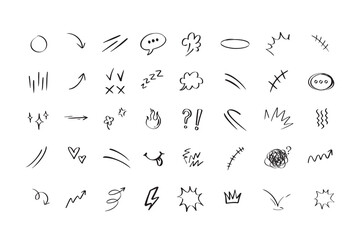 Doodle hand drawn cute cartoon expression sign. Line curve arrows, emoticon elements, symbols