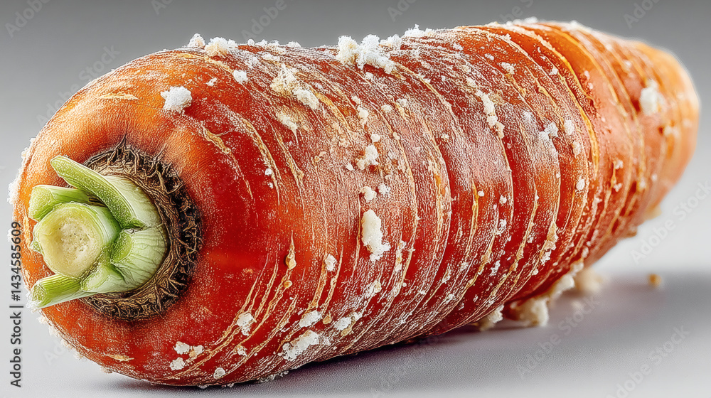 Poster unique close-up of a carrot with frosty texture on gray background