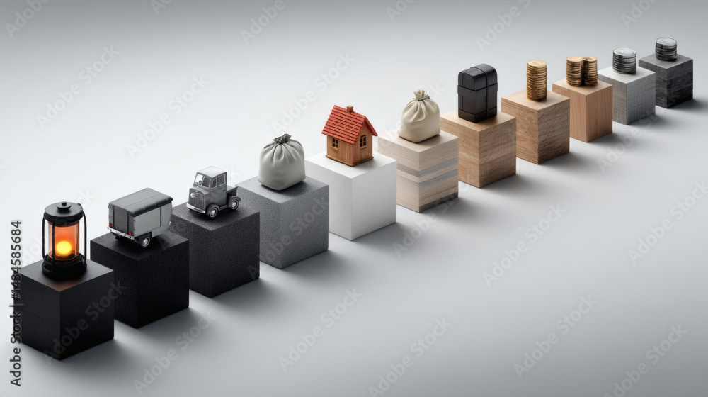 Poster unique composition of abstract objects on pedestals in a studio setting