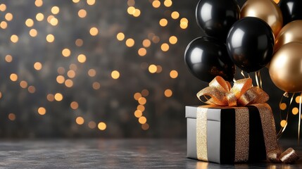 Naklejka premium A beautifully wrapped gift sits elegantly amidst an array of balloons, creating a joyful atmosphere filled with celebration and anticipation of special moments.