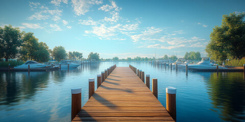 Fototapeta premium Deserted marina docks feature empty summer spots in a calm and serene setting with clear blue water and lush greenery