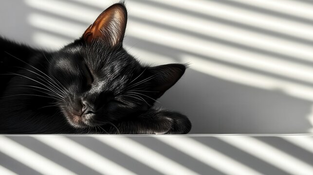 A serene black cat naps peacefully while sunlight filters through blinds, casting beautiful shadows that enhance the moment's tranquility and warmth. - Powered by Adobe