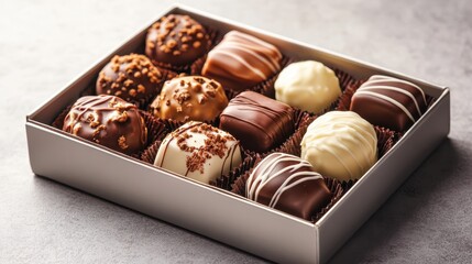 A tempting box filled with assorted gourmet chocolates, showcasing a variety of textures and toppings, perfect for indulging in a sweet moment of luxury and delight.