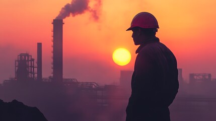 A silhouette of a worker in a hard hat stands against a striking sunset, highlighting the contrast between human industry and the natural environment
