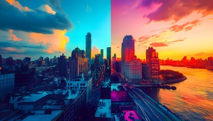 Obraz premium A stunning city skyline split between day and night, showcasing vibrant colors. Skyscrapers rise against a dramatic sky, creating an awe-inspiring urban landscape.