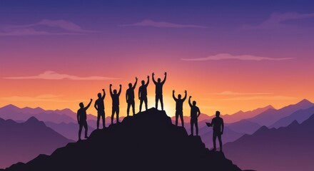 Team Success Summit Sunset - Silhouettes of a team celebrating victory atop a mountain at sunset. Triumph, teamwork, achievement