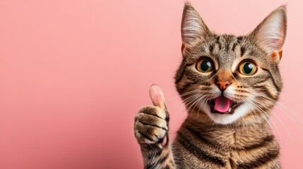 This cheerful cat shows excitement and positivity with a thumbs-up gesture against a vibrant pink backdrop, perfect for showcasing happiness and joy in your projects.