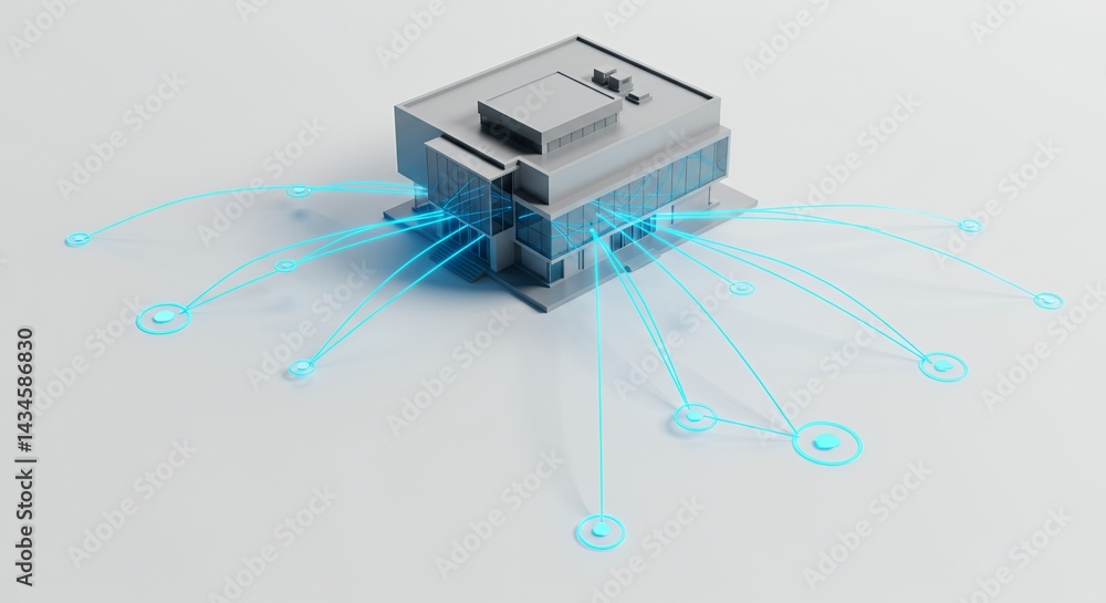 Poster overhead shot of generic light gray building with connected glowing cyan network lines isolated on w