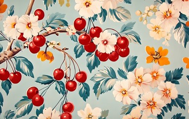 A vibrant floral pattern featuring cherry blossoms and ripe cherries, creating a beautiful and lively aesthetic ideal for textile design and home decor.