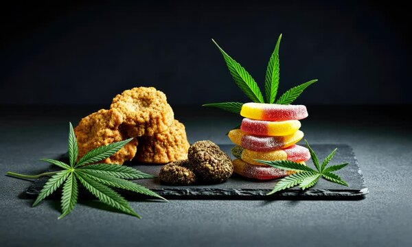 Cannabis edibles, gummies, and cookies with marijuana leaves on dark background