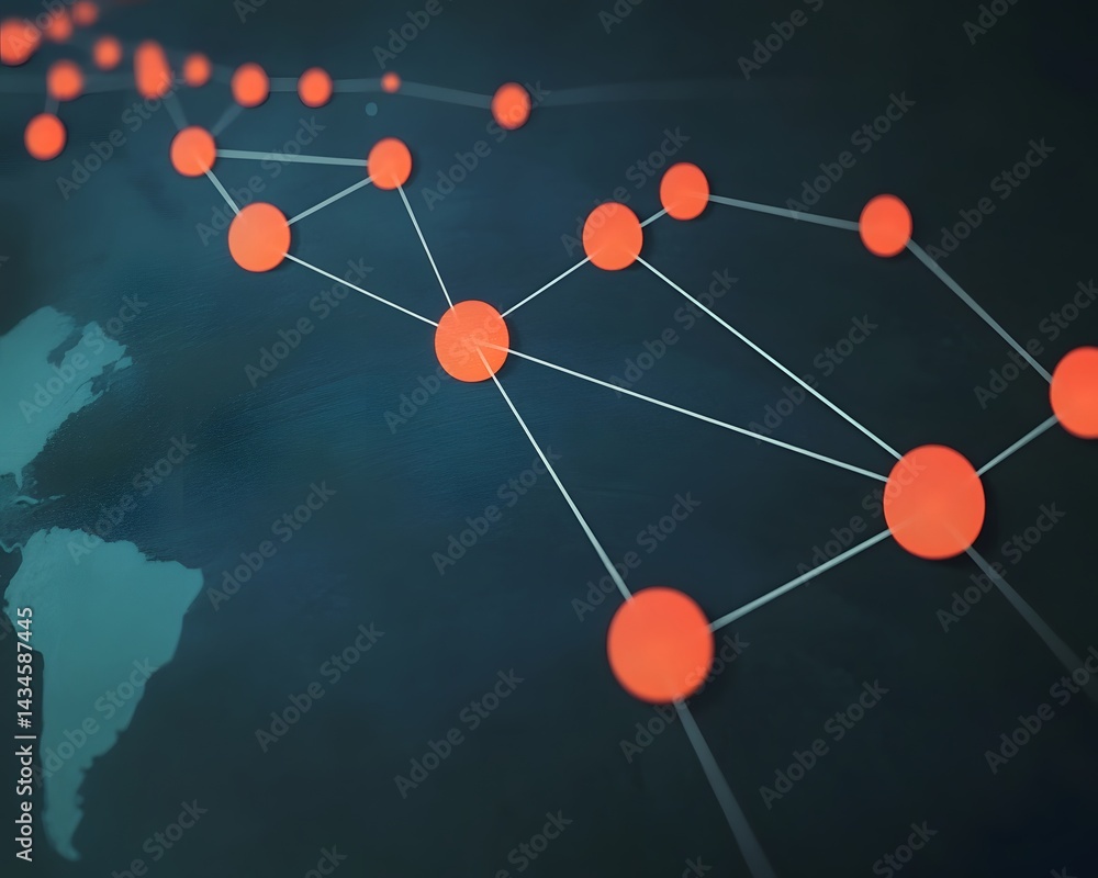 Poster a visually striking network representation featuring orange nodes interconnected by lines, set again