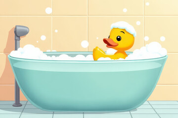 Naklejka premium Quack & Relax: Playful Duck in Modern Bathtub Vector Art - Pastel Tones & Clean Aesthetic
