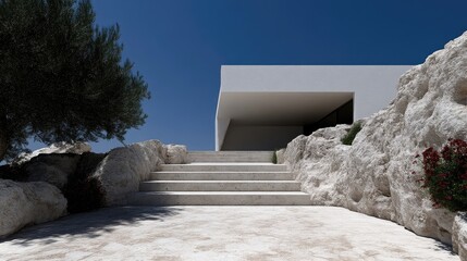 Modern Mediterranean home exterior with stone steps and landscaping
