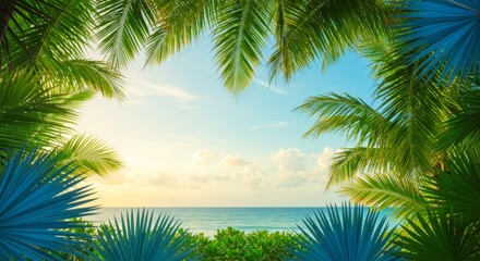 Fototapeta premium Tropical Paradise Beach View - Serene beach scene framed by lush palm leaves, showcasing a tranquil ocean and bright sky. Perfect for travel, vacation, or relaxation themes