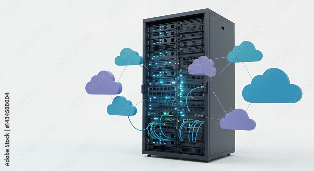 Poster server rack with glowing network connections and digital cloud icons hovering isolated on white back