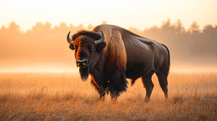 Mighty bison standing in a misty field at dawn thick fur covered in early morning frost cinematic wildlife photography