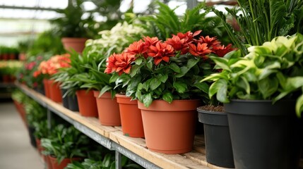 A beautiful array of vibrant potted plants showcases lush greenery and colorful flowers, illustrating the beauty of nature and the joy of gardening in a greenhouse setting.