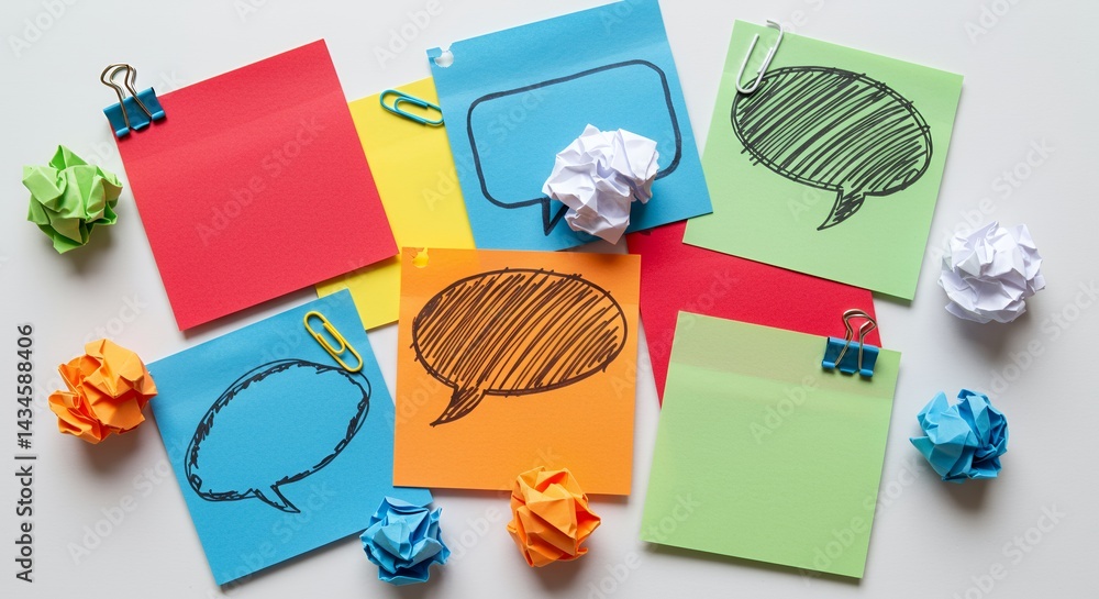 Poster various colorful note papers with paper clips and scribbled speech bubbles and crumpled paper isolat