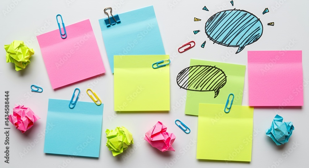 Poster vibrant array of note papers with colorful paper clips and playful speech bubbles isolated on a clea