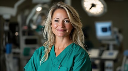 A confident female surgeon smiles warmly in green medical scrubs against a well-equipped medical environment, signifying professionalism and care in healthcare.