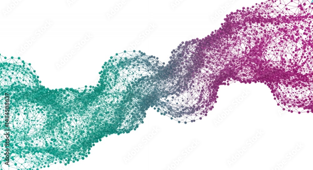 Poster wavy network of glowing teal and magenta particles isolated on white background in an abstract isola