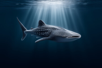 Naklejka premium Whale Shark Submerged: A majestic whale shark gracefully glides through the deep, its spotted skin reflecting the ethereal beams of sunlight that pierce the water.