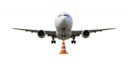 White Airplane Facing Forward with an Orange Traffic Cone Isolated on White Background Perfect for Travel and Transportation Designs
