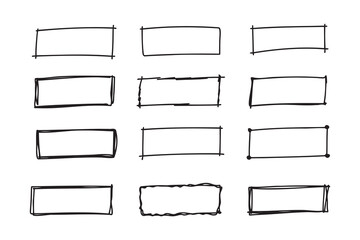 Hand drawn doodle vector rectangle frames. Grungy scribble rectangle frames. Doodle geometric borders. Pen ink empty black text boxes set. 