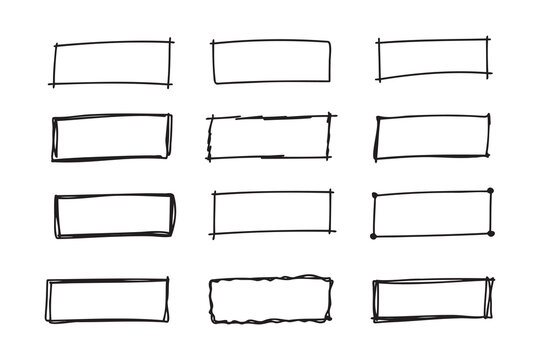 Hand drawn doodle vector rectangle frames. Grungy scribble rectangle frames. Doodle geometric borders. Pen ink empty black text boxes set. 