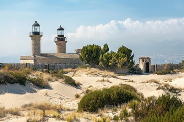 Two lighthouses stand tall on a sandy hill overlooking a picturesque coastal landscape