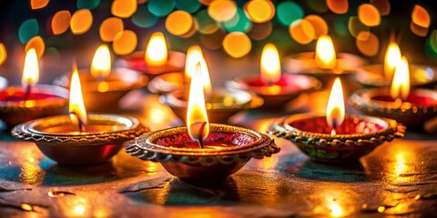 Diwali Festive Oil Lamps: Illuminated Diyas on Dark Background