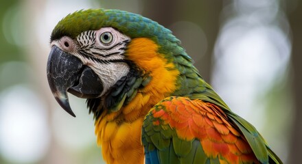 Obraz premium Vibrant Macaw Parrot Portrait - A detailed close-up of a macaw parrot, showcasing its vibrant plumage, intricate feather details, and expressive eyes. Symbolizing beauty, freedom, exoticism