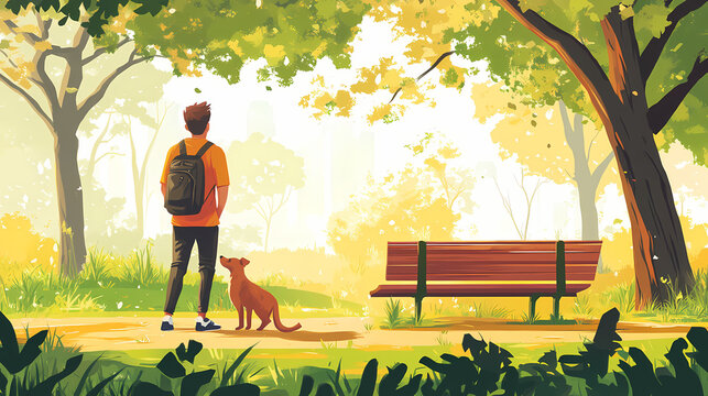 Jovem com cachorro em parque. Mind Fang. Illustration