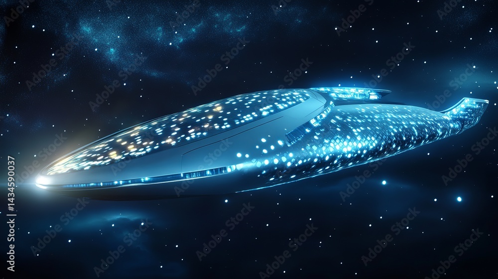 Poster futuristic spaceship design glowing blue lights sci fi spaceship artwork digital spacecraft illustra
