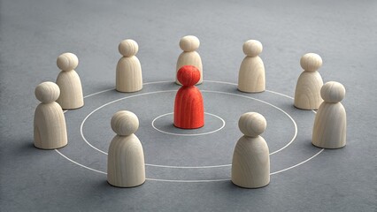 Obraz premium Leadership: A striking visual of a unique individual, distinguished by vibrant red, positioned centrally and surrounded by a circle of subdued, similar figures, embodying leadership, unity.