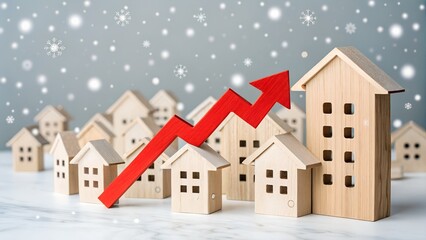 Naklejka premium Housing Market Ascent: A rising red arrow pierces through a charming arrangement of miniature wooden houses, symbolizing growth and prosperity.