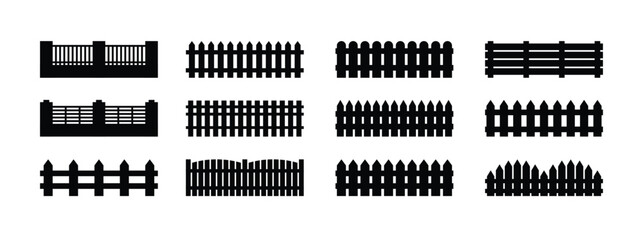 Fence template element Icon Set Isolated. Silhouette Black Barrier for Protection Garden, House and Farm. Different Types Fences