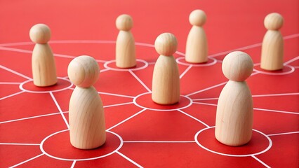 Obraz premium Networking Concept: Wooden figures arranged in a network pattern on a red background, illustrating connection and communication.