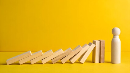 Domino Effect: Wooden dominoes cascade towards a solitary wooden figurine, symbolizing a chain reaction of cause and effect, all set against a vivid backdrop. 